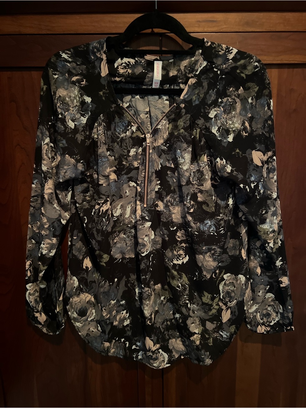 Xhilaration Black Floral Zip-Front Long Sleeve Blouse